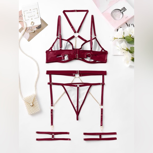 NEW - Sexy Burgundy Pu Leather‎ Strappy Underwire Garter Belt Lingerie Set - Picture 6 of 6